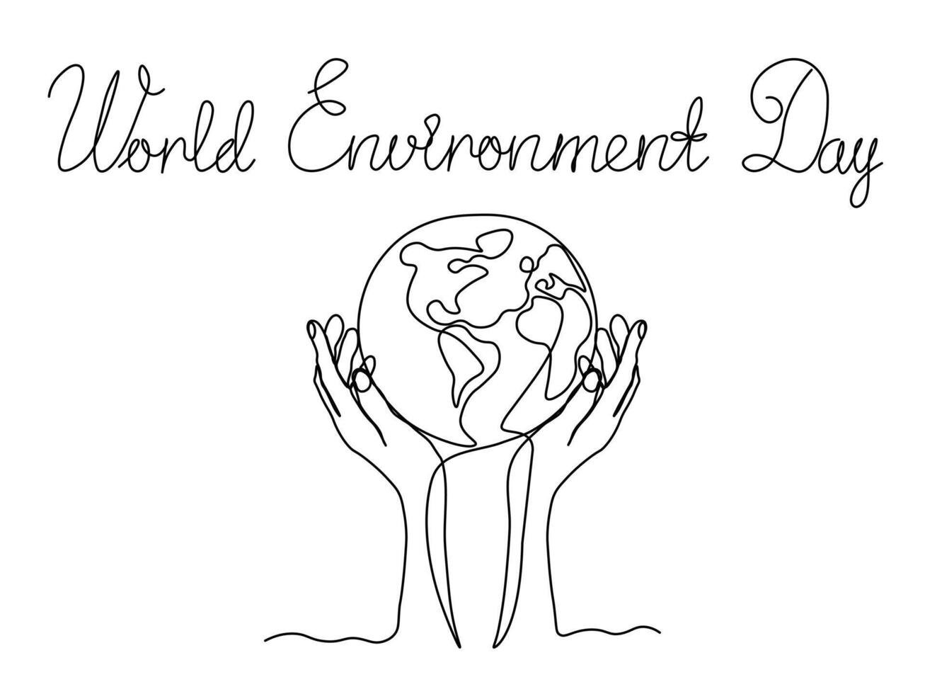 World Environment Day. Abstract Planet earth in hands, continuous single one line art drawing sketch vector