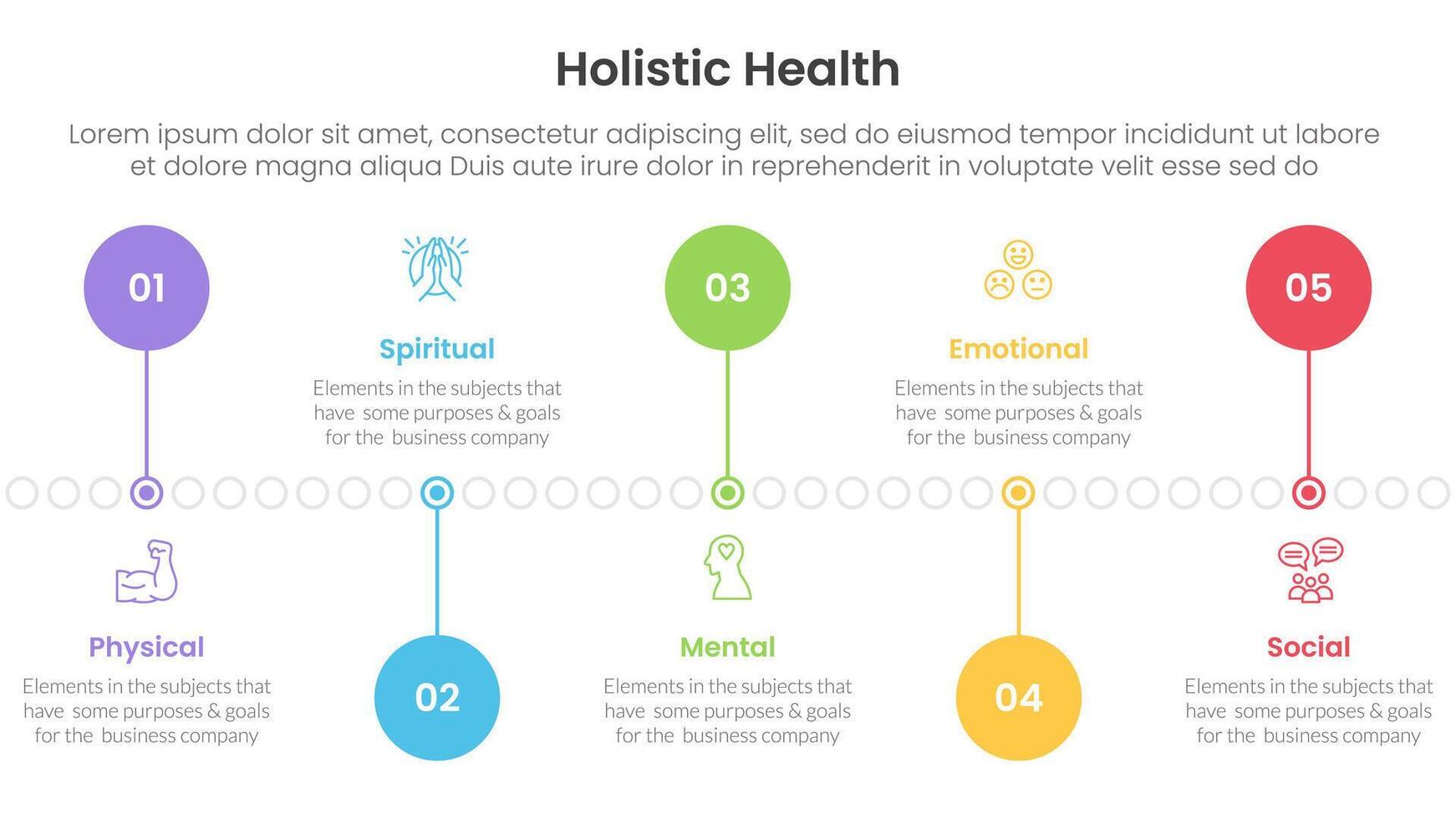 holistic health infographic template banner with timeline circle point up and down with 5 point list information for slide presentation vector