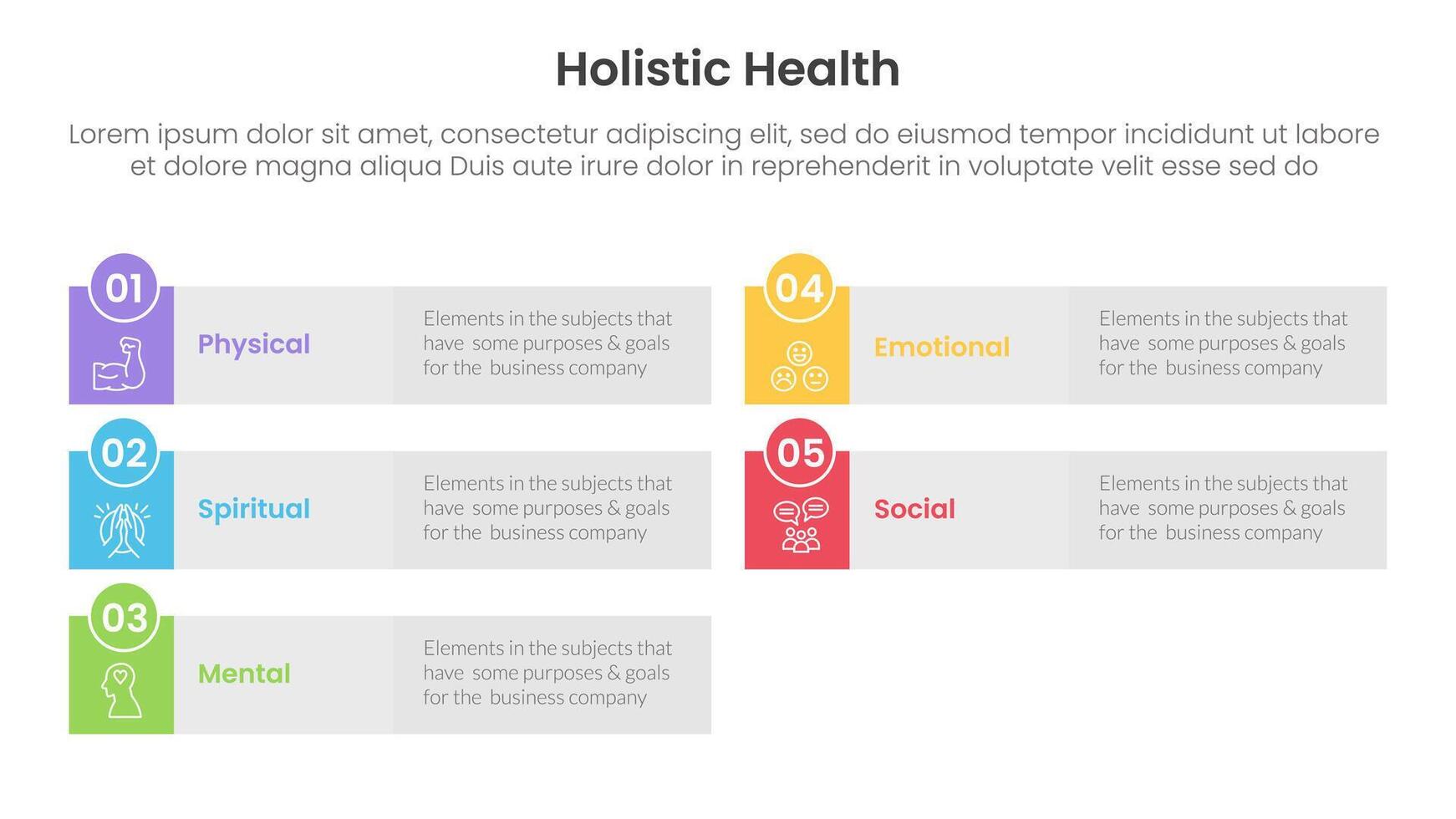 holistic health infographic template banner with long rectangle box grey background with 5 point list information for slide presentation vector