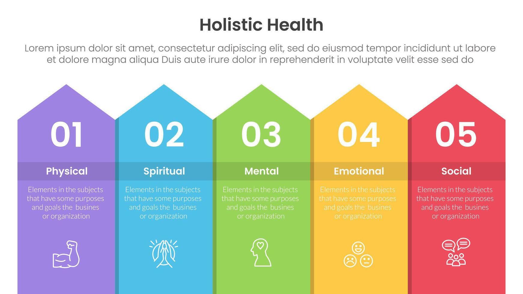 holistic health infographic template banner with long rectangle top arrow with 5 point list information for slide presentation vector