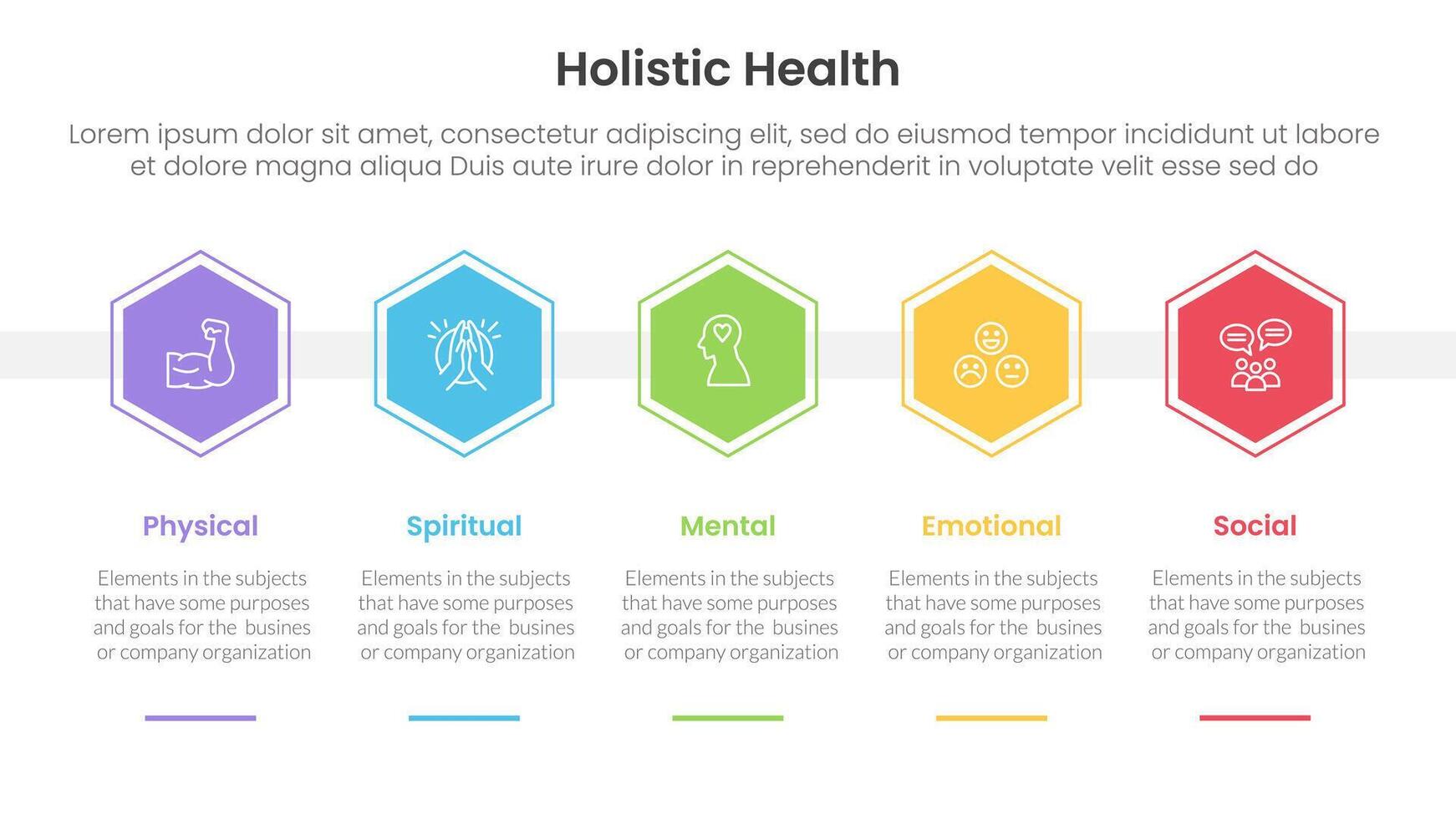 holistic health infographic template banner with honeycomb hexagon shape horizontal with 5 point list information for slide presentation vector