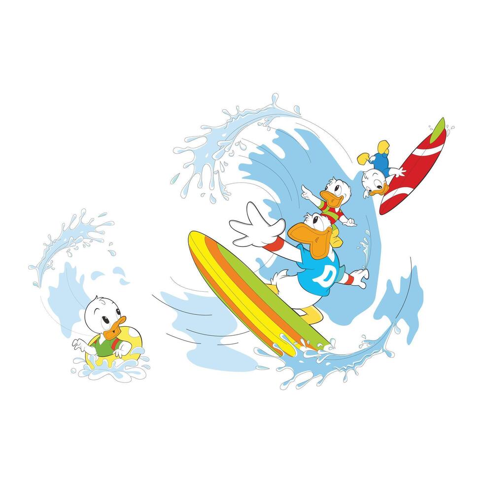 Uncle Donald is surfing with his nephew vector