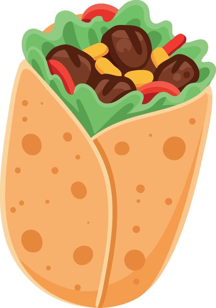 Burrito filled with beef, lettuce, corn, and red peppers in a tortilla wrap illustration vector