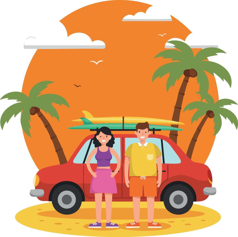 Couple standing near red car with surfboards on roof under palm trees at sunset beach vacation illustration vector