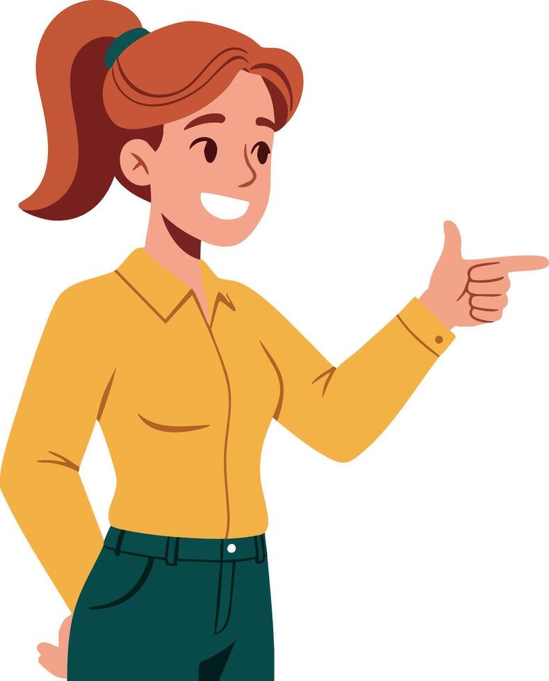 Young woman smiling and pointing finger gesture in casual yellow shirt and green pants illustration vector