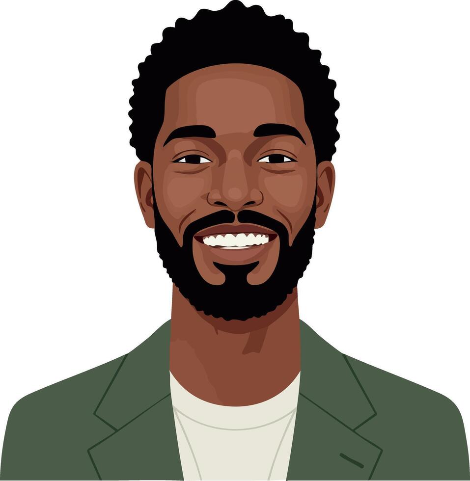 Smiling African American man with beard wearing green blazer and white shirt portrait illustration vector