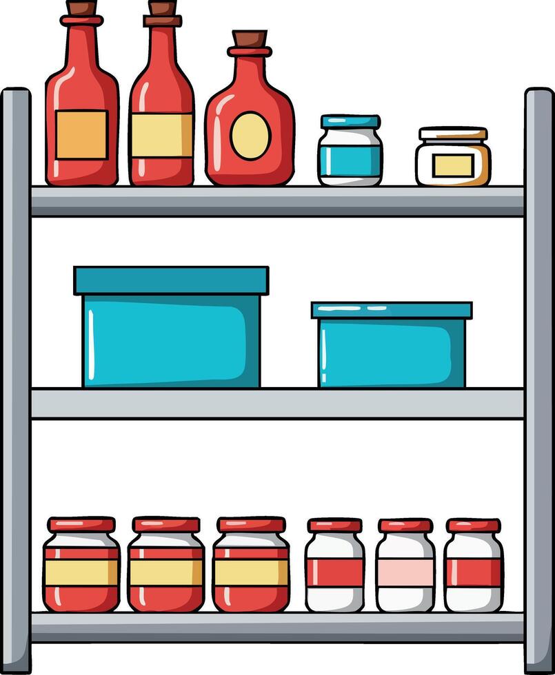 Kitchen shelf with jars bottles and containers organized for storage and cooking essentials illustration vector