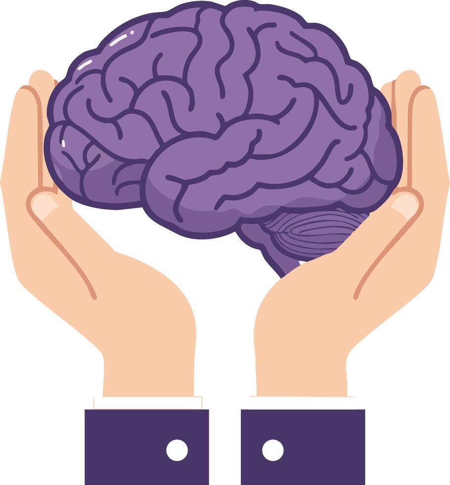 Brain held in hands symbolizing mental health care and cognitive support illustration vector