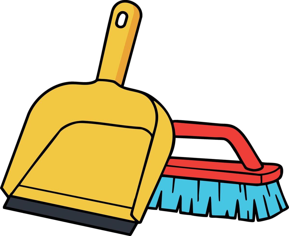 Yellow dustpan and red brush with blue bristles cleaning tools illustration for household chores and tidying up vector