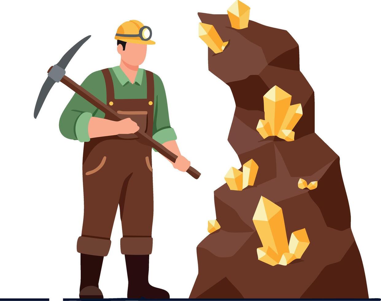 Miner with pickaxe mining large gold crystal rocks underground illustration vector