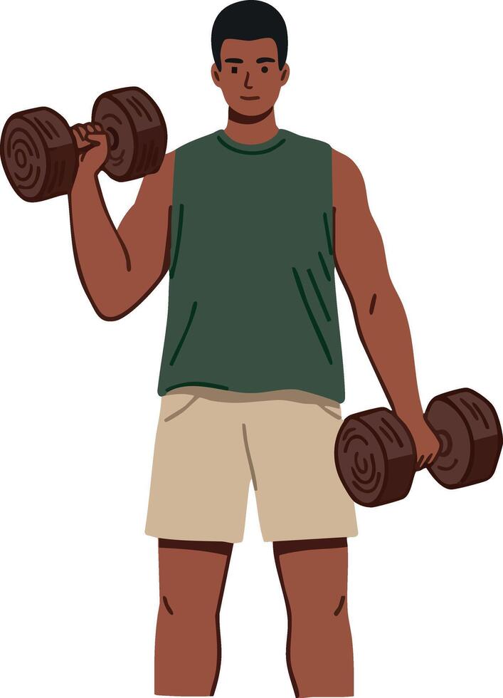 Man lifting dumbbells in sleeveless shirt and shorts fitness exercise training illustration vector