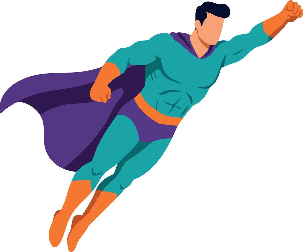 Superhero flying in dynamic pose with teal costume and purple cape illustration vector