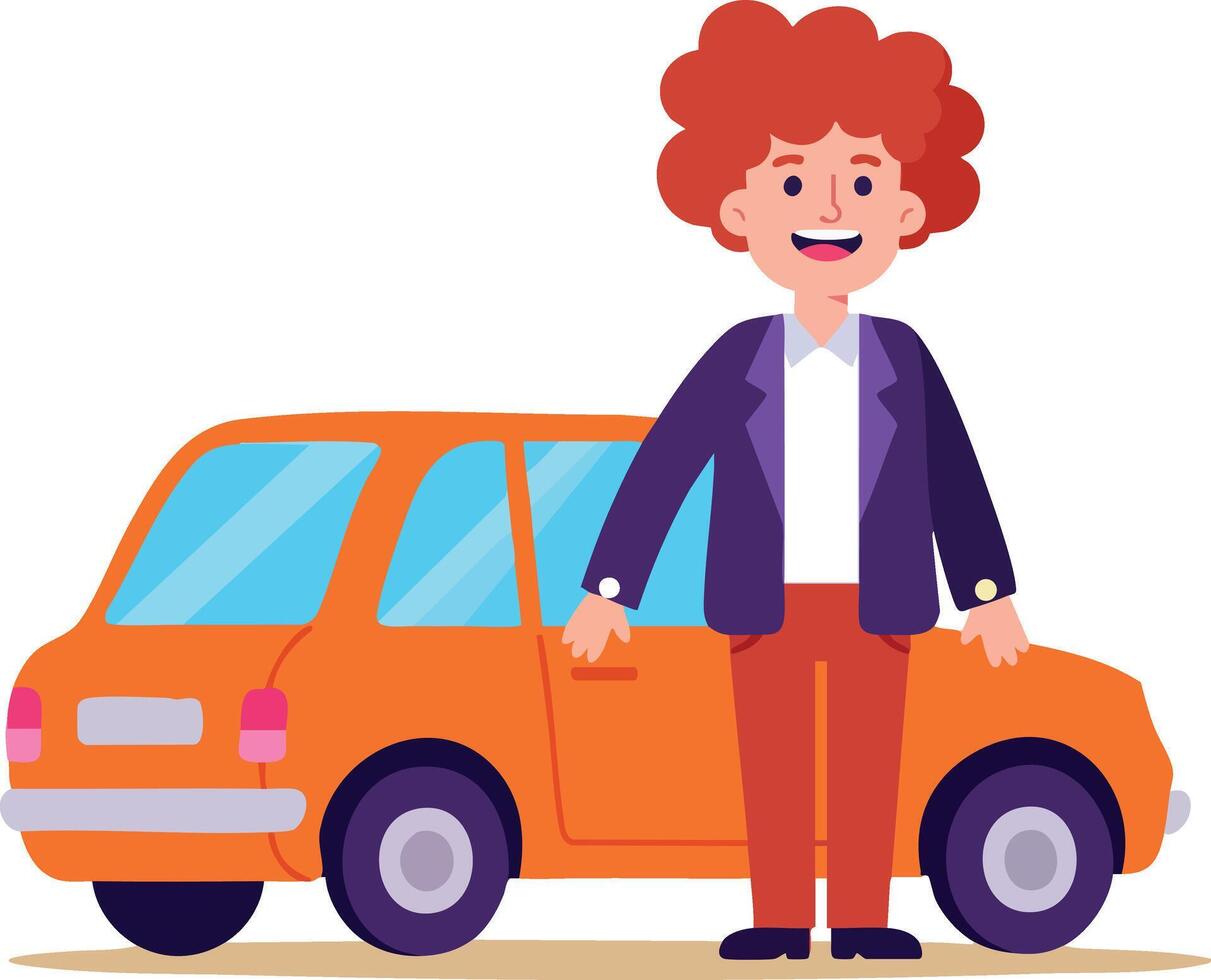 Young man standing next to orange car smiling casual clothing illustration vector