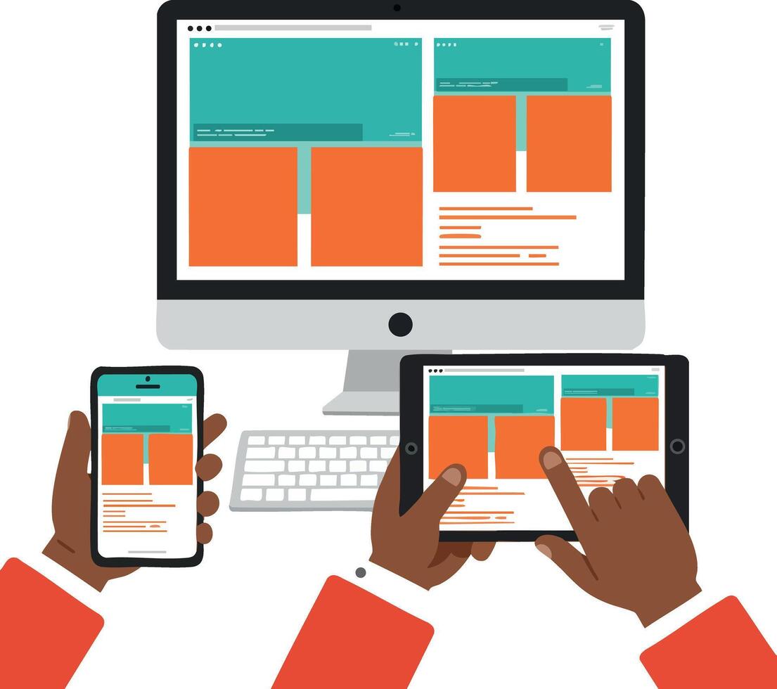 Digital marketing concept with responsive web design on desktop tablet and smartphone in modern flat style vector