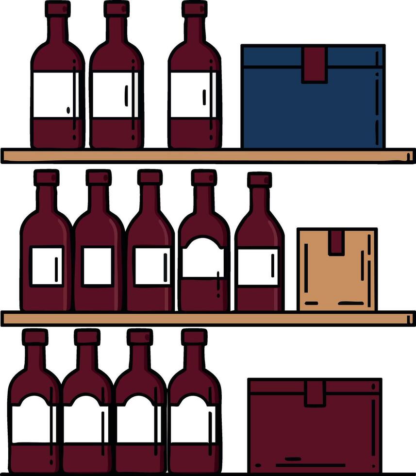 Wine bottles and storage boxes on wooden shelves illustration showing organized beverage storage in cellar or shop environment vector