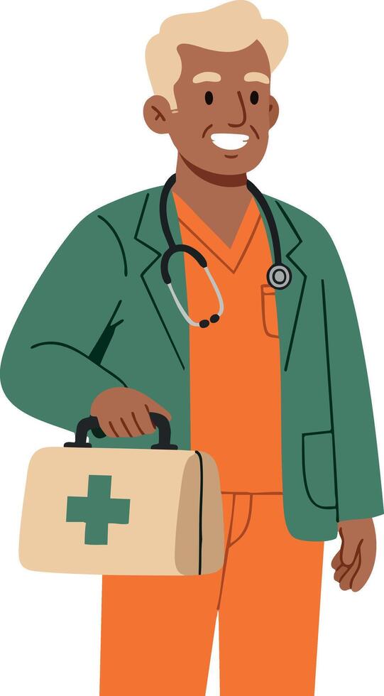 Male medical professional with first aid kit and stethoscope in orange scrubs and green coat illustration vector