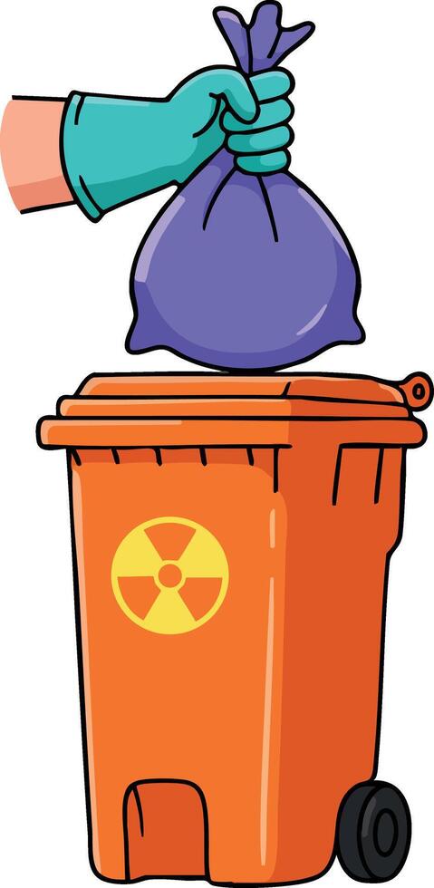 Hand with glove holding purple bag over orange radioactive waste bin illustration for environmental safety and hazardous material disposal vector