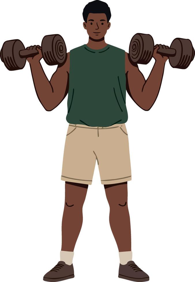 Young man lifting dumbbells exercising with fitness weights for strength training illustration vector