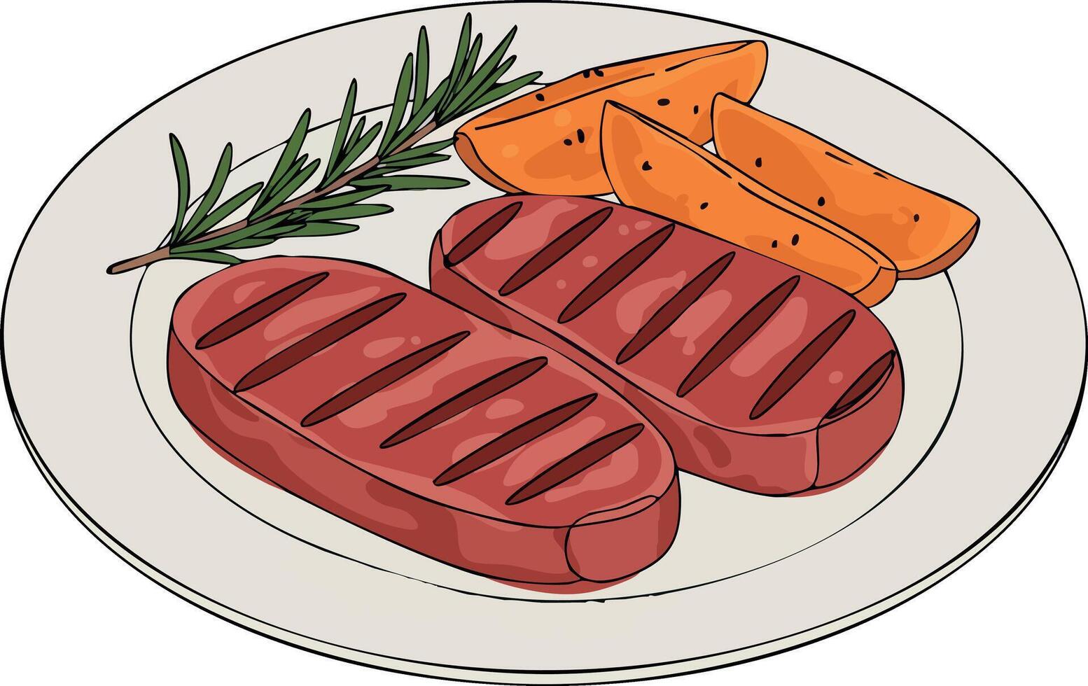 Grilled steak with sweet potato wedges and rosemary herb on plate for delicious meal illustration vector