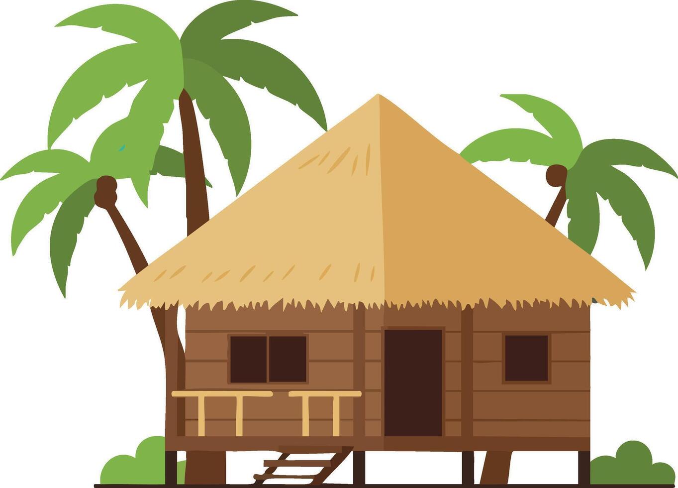 Tropical wooden hut with thatched roof surrounded by palm trees summer vacation illustration vector