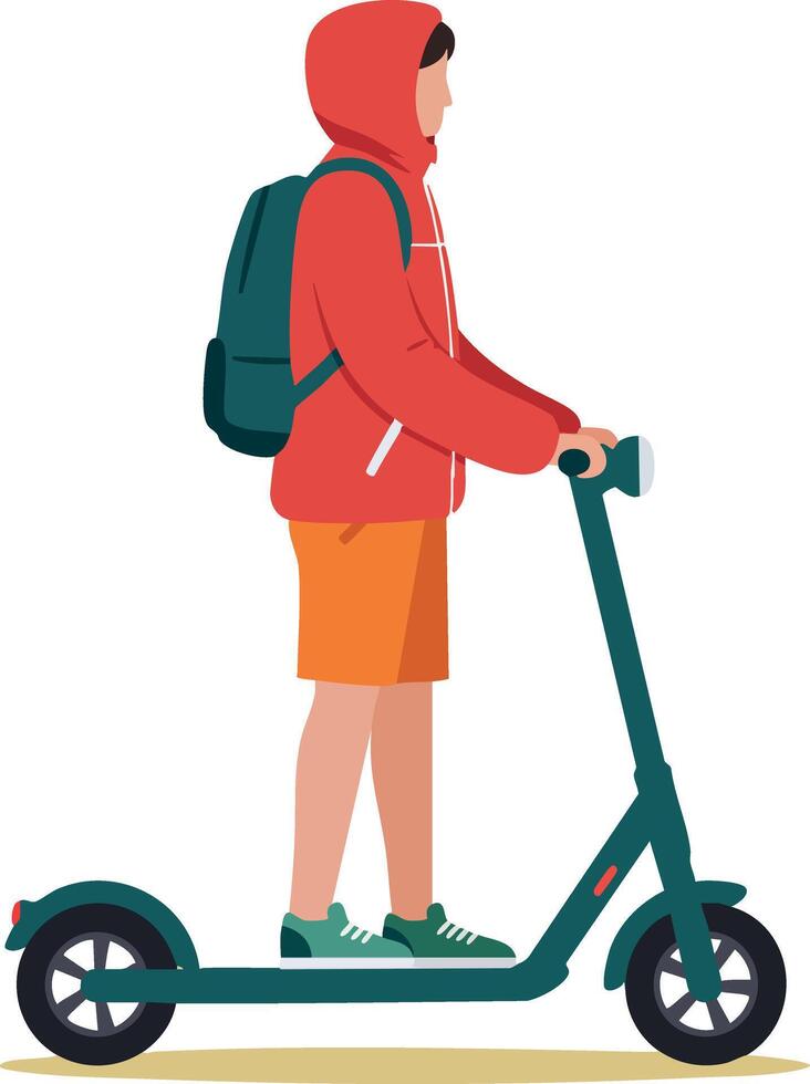Boy riding electric scooter with backpack and red hoodie in casual urban style illustration vector