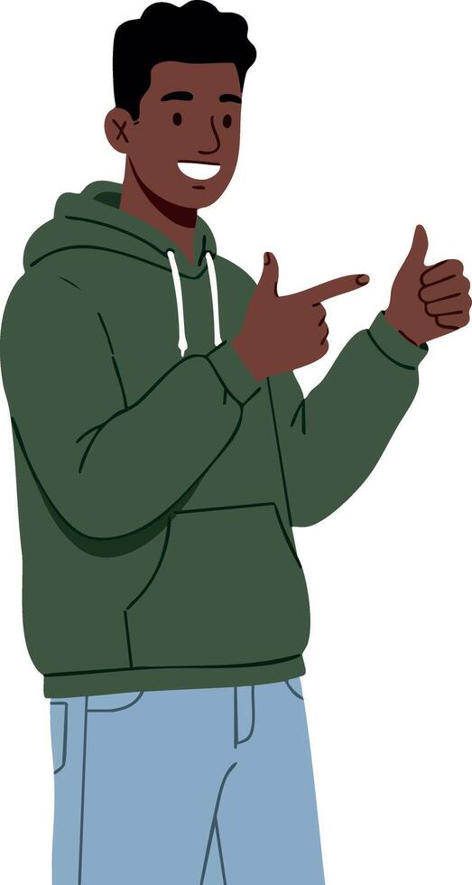 Young man in green hoodie smiling and gesturing thumbs up with fingers in casual style image vector