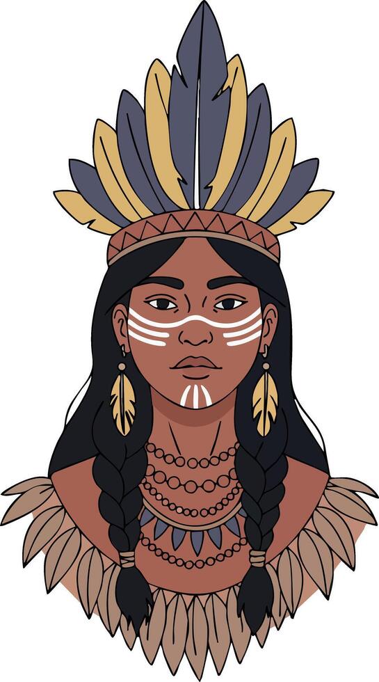 Native American woman portrait with traditional feather headdress and face paint in style illustration vector