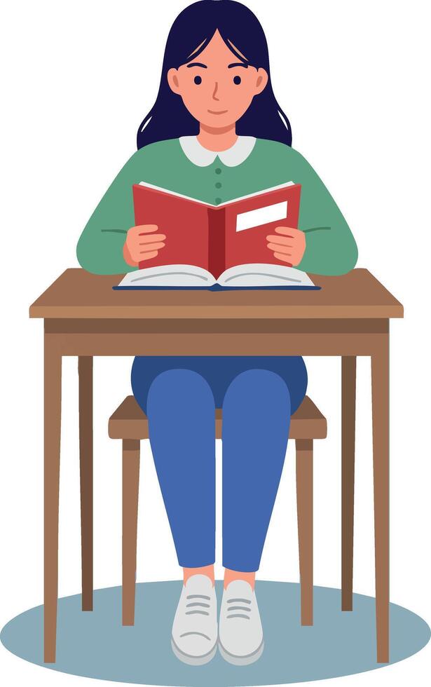 Young woman reading book at wooden desk indoor learning education concept illustration vector