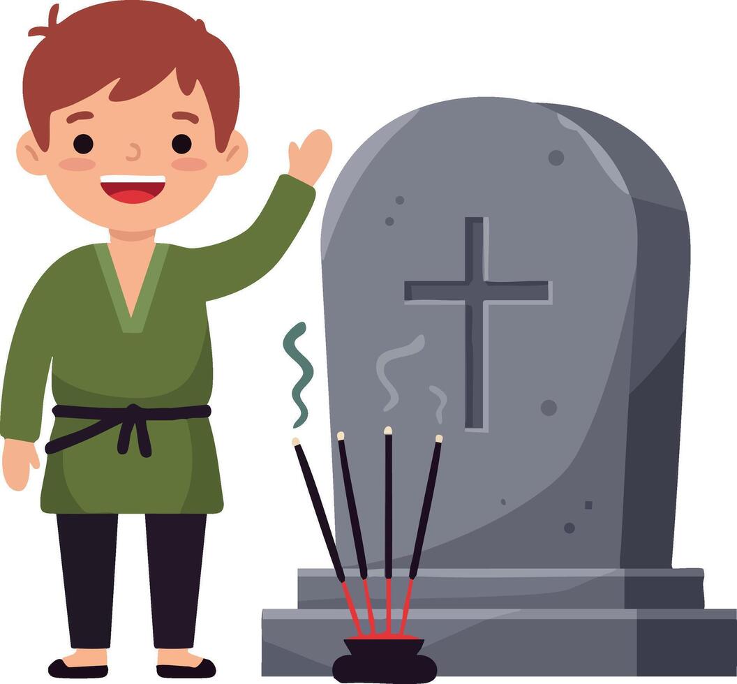 Boy waving hand near gravestone with cross and burning incense sticks illustration vector