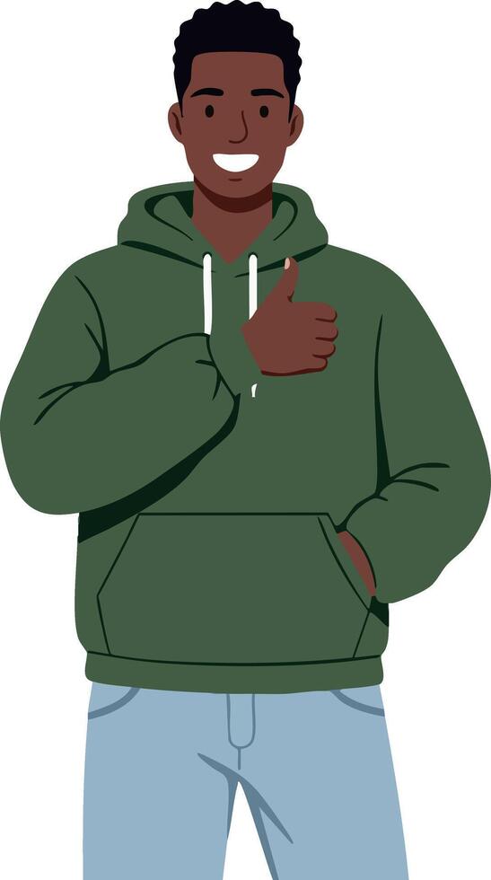 Young man wearing green hoodie giving thumbs up gesture smiling friendly casual style illustration vector