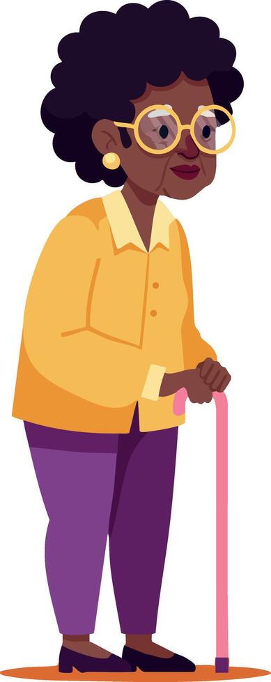 Elderly woman with walking cane wearing yellow sweater and purple pants illustration in casual clothing vector