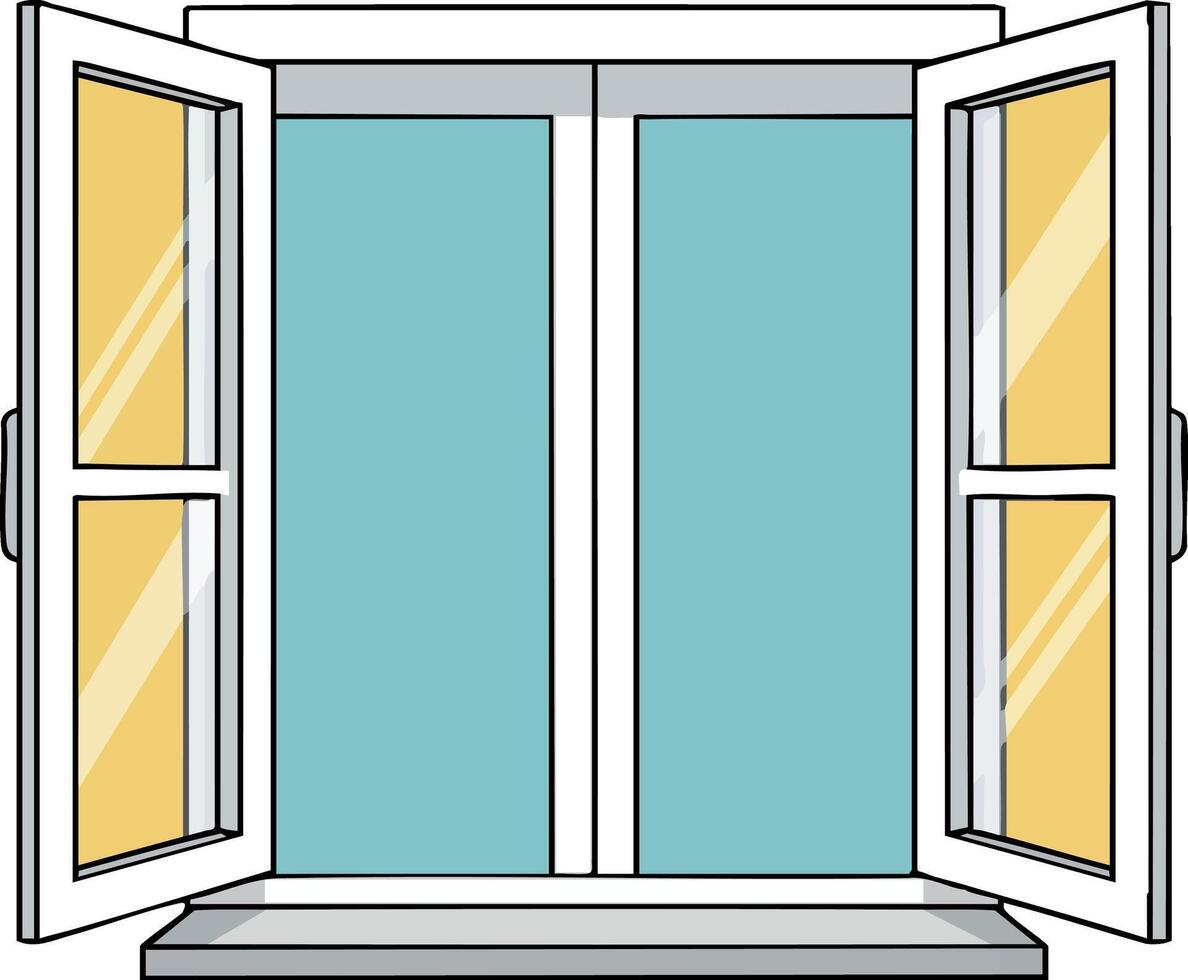 Open window with yellow glass panes and blue sky background illustration in simple style for design projects vector