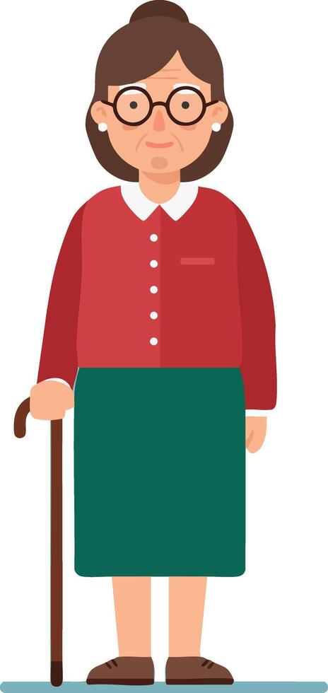 Elderly woman with brown hair glasses red sweater green skirt standing with cane illustration vector