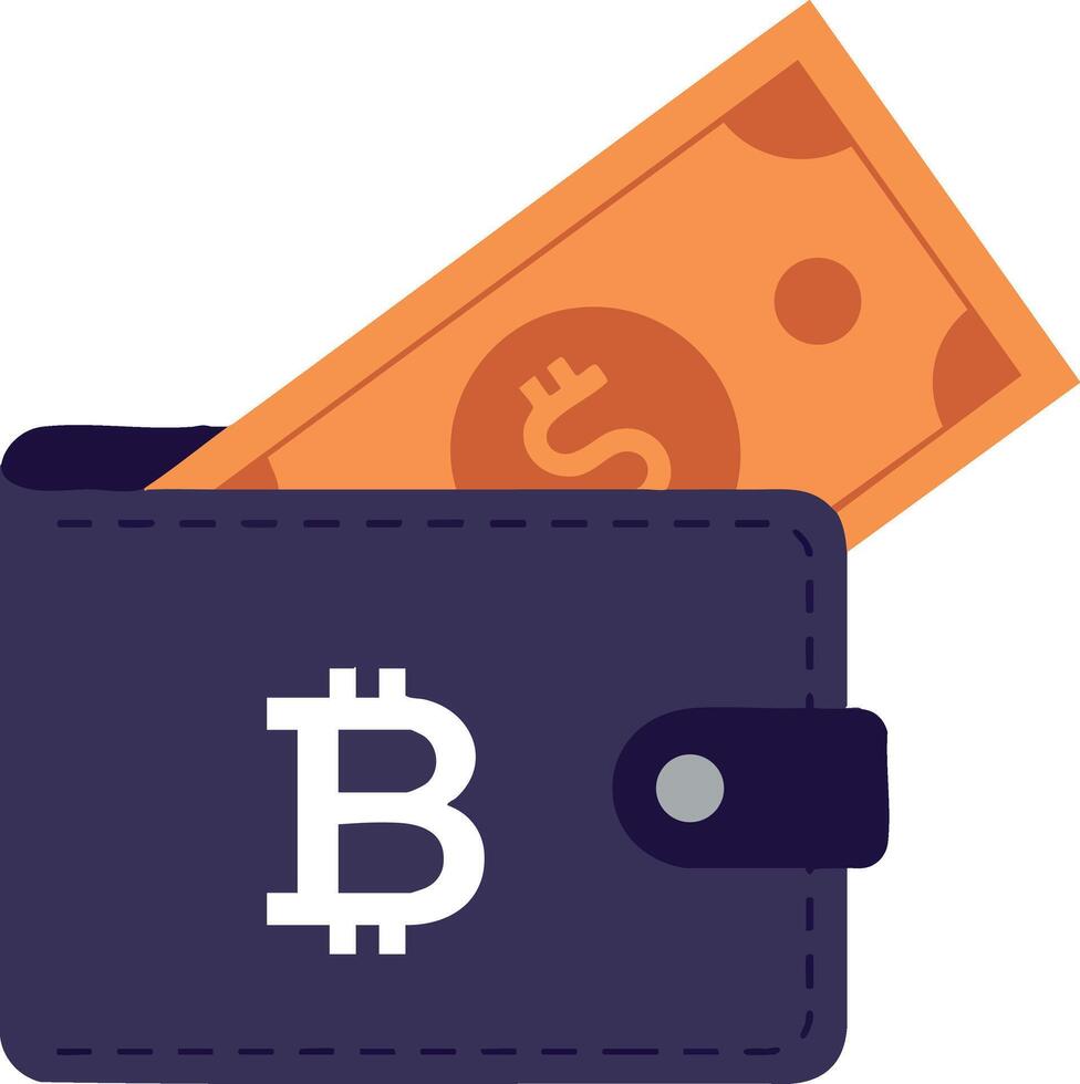 Bitcoin wallet with dollar bill inside digital currency flat icon design vector