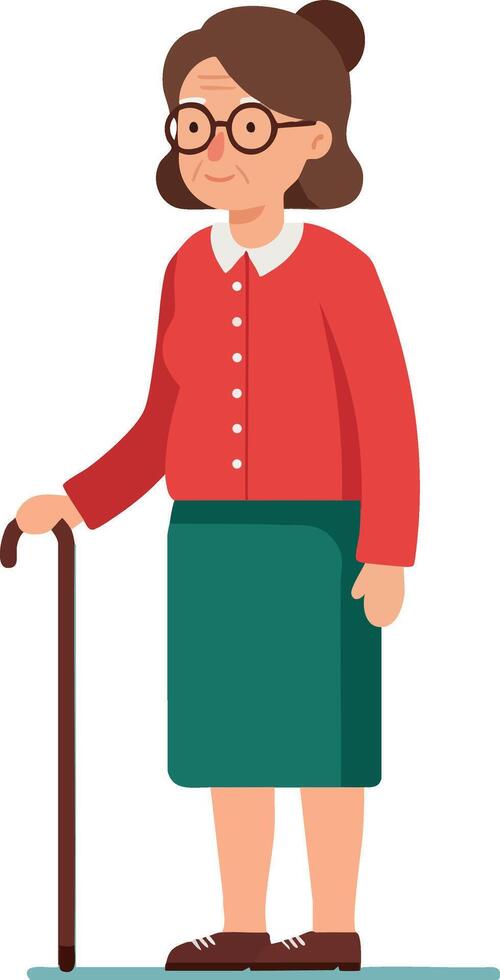 Elderly woman standing with walking cane wearing red sweater and green skirt casual attire illustration vector