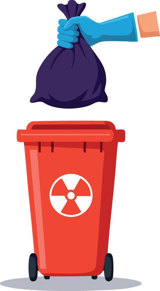 Radioactive waste disposal with gloved hand holding toxic trash bag above red bin illustration vector