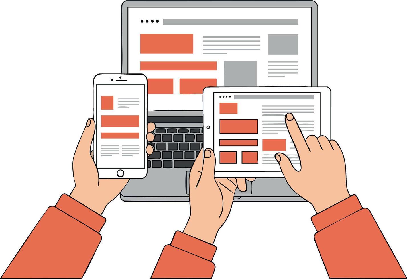 Hands holding smartphone tablet and laptop showing responsive web design on digital devices for technology communication vector