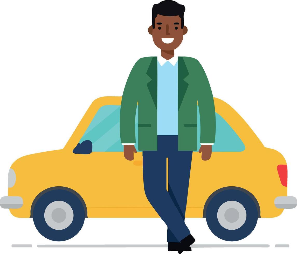 Man standing next to yellow car smiling casual urban transportation vehicle lifestyle illustration vector