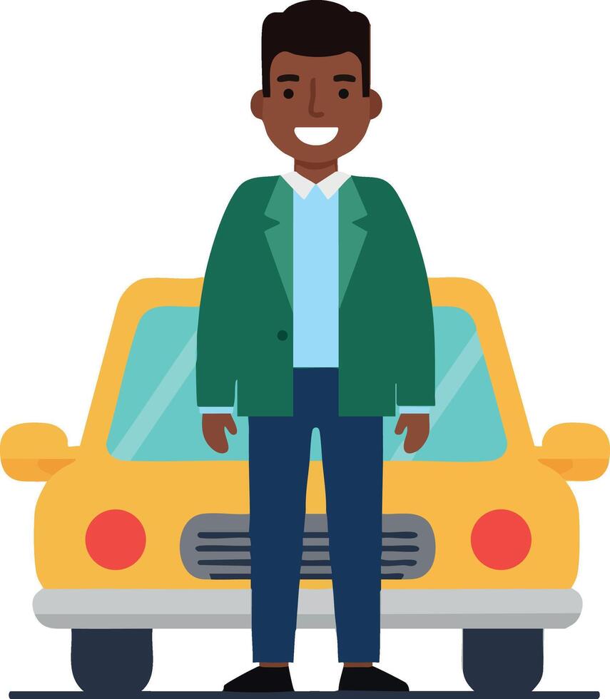 Smiling man standing in front of yellow car illustration with casual clothing and happy expression vector