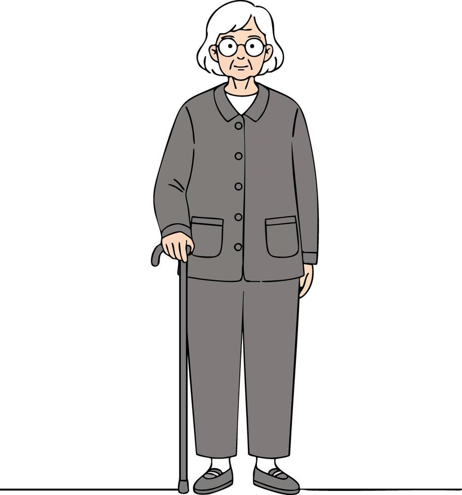 Elderly woman standing with walking cane wearing grey outfit and glasses illustration vector