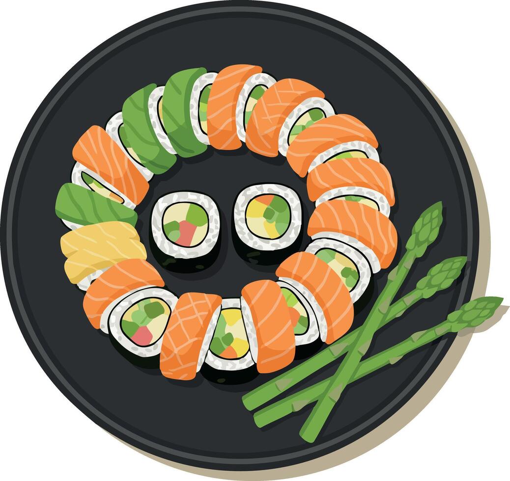 Sushi platter with salmon avocado and asparagus on black plate food illustration for restaurant menu design vector