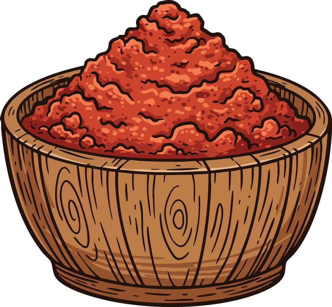 Red chili powder in wooden bowl hand drawn spice ingredient for cooking and seasoning food illustration vector