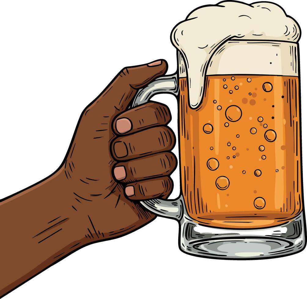 Hand holding cold beer mug with frothy foam and bubbles refreshing drink illustration vector