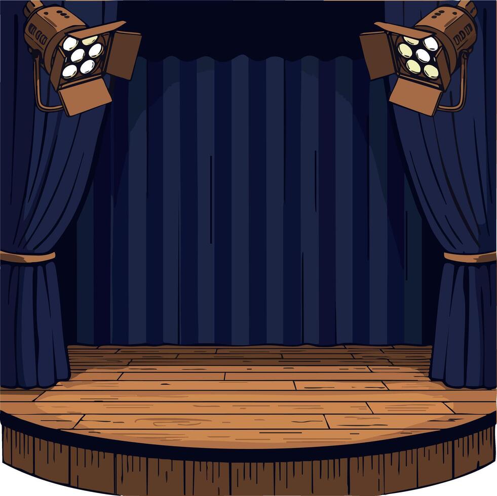 Theater stage with blue curtains and wooden floor under warm spotlights illustration vector
