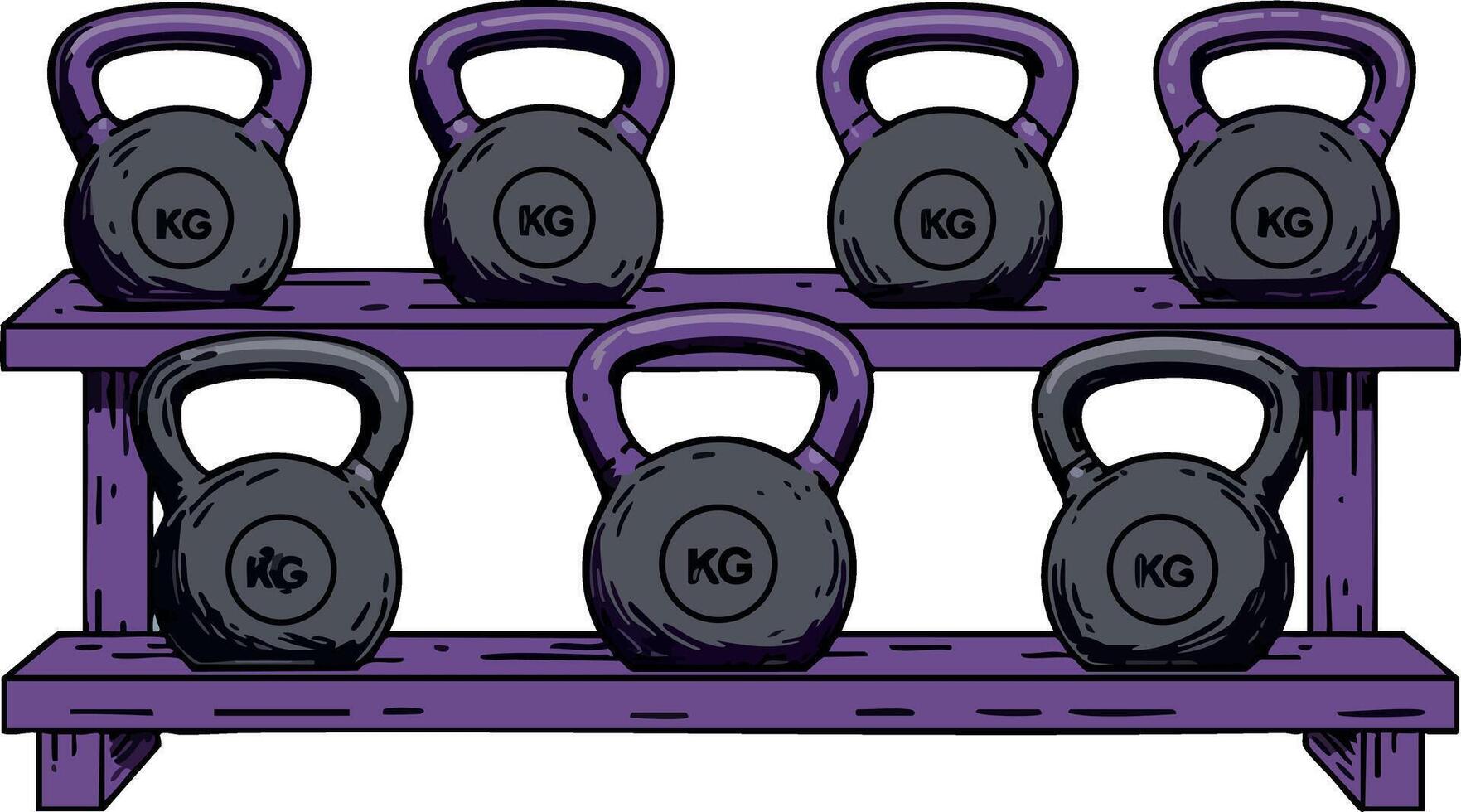 Kettlebell weights organized on purple rack for gym strength training and fitness exercises illustration vector