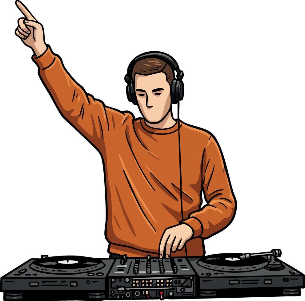 DJ mixing music on turntables with headphones wearing orange sweater illustration vector