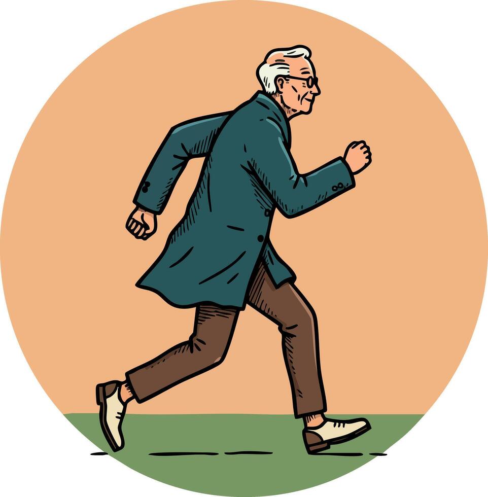 Elderly man running briskly in vintage style coat and brown pants with determined expression on peach background illustration vector