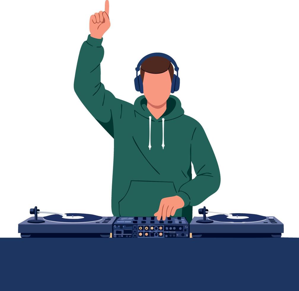 DJ playing music with headphones and green hoodie mixing tracks on turntable equipment illustration vector
