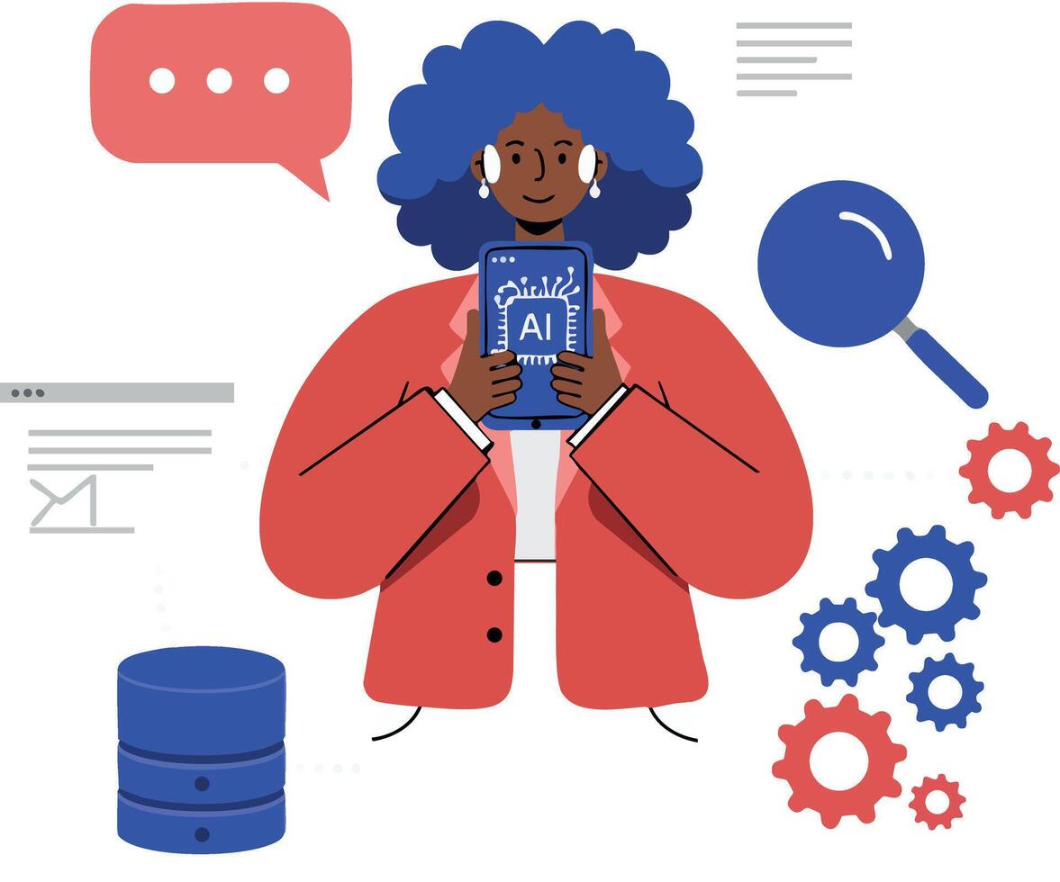Woman holding artificial intelligence book surrounded by data search and gears technology concept illustration vector