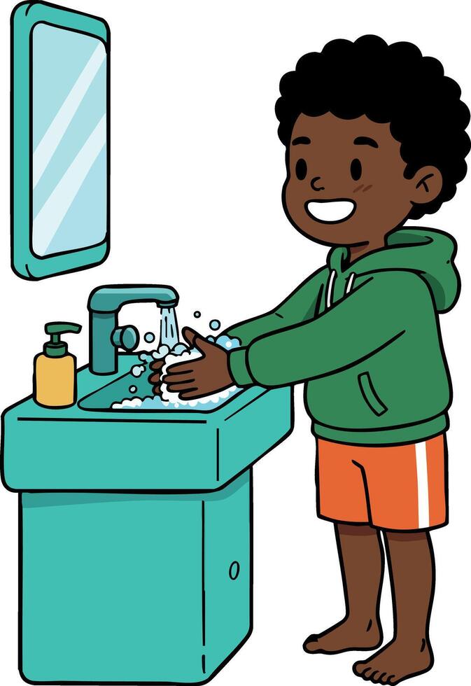 Child washing hands at sink with soap for hygiene and cleanliness routine illustration vector